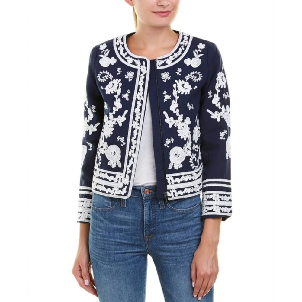 Parker Nolita Blue & White Cotton Floral Embroidered Full Zip Jacket S